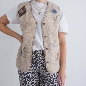 Vintage Alfred Dunner Cream Brown Floral Western Teddy Button Sweater Vest M